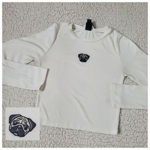 Wild Fable Ribbed Long Sleeve Cropped Shirt Embroidered Pug Size XS
